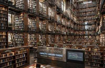 An enormous library with a million books representing a 1 million token context window