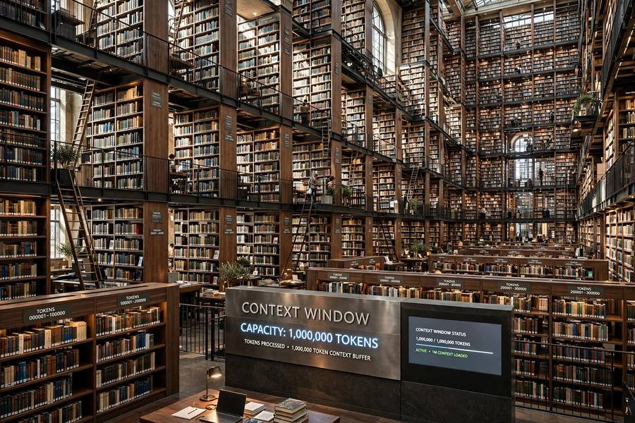 An enormous library with a million books representing a 1 million token context window