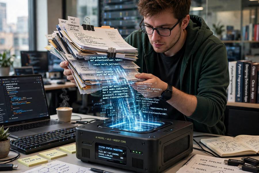 A developer feeding an entire software codebase into an AI model