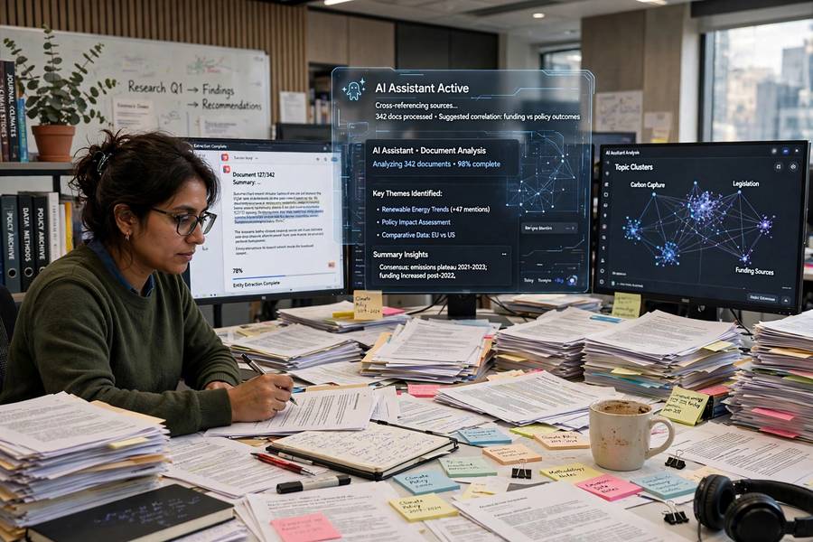 A researcher analyzing hundreds of documents simultaneously with AI
