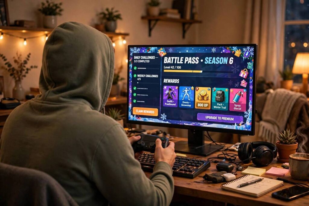A person holding a game controller in front of a monitor displaying a battle pass menu