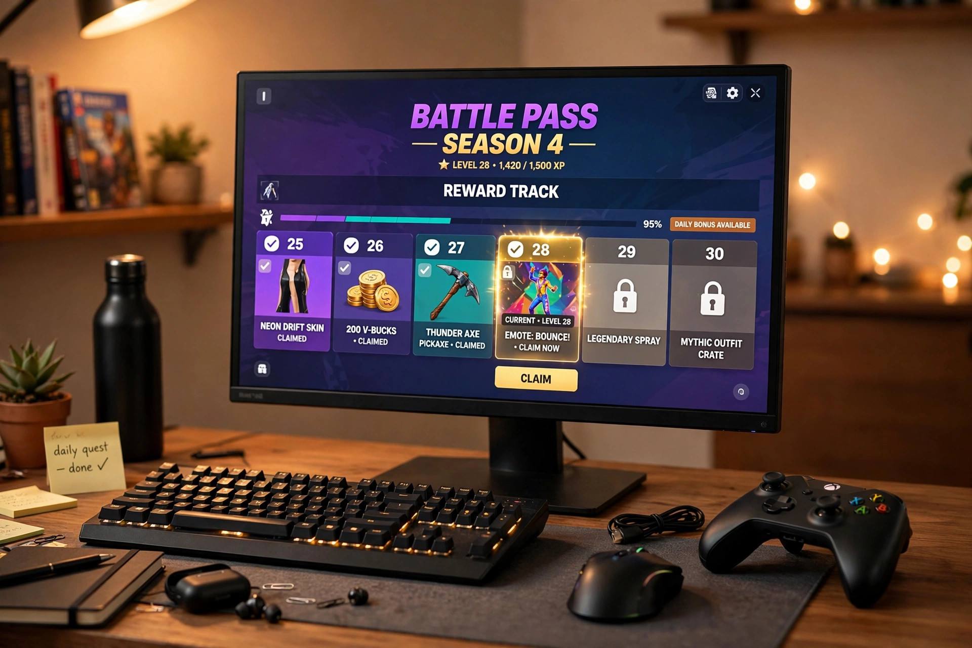 A gamer's desk setup with a monitor showing a colorful battle pass reward track screen