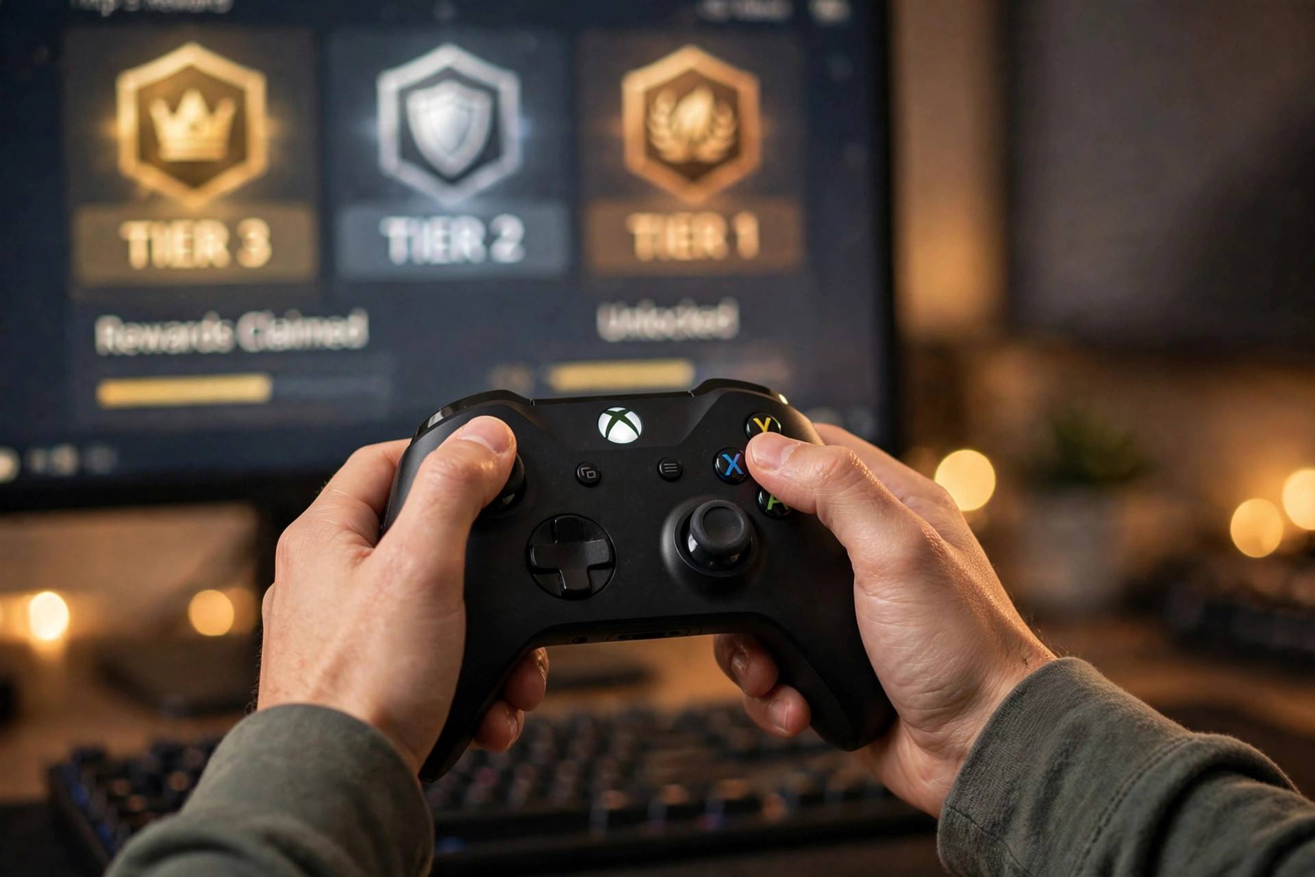 Close-up of hands holding a game controller with a blurred monitor showing tier rewards