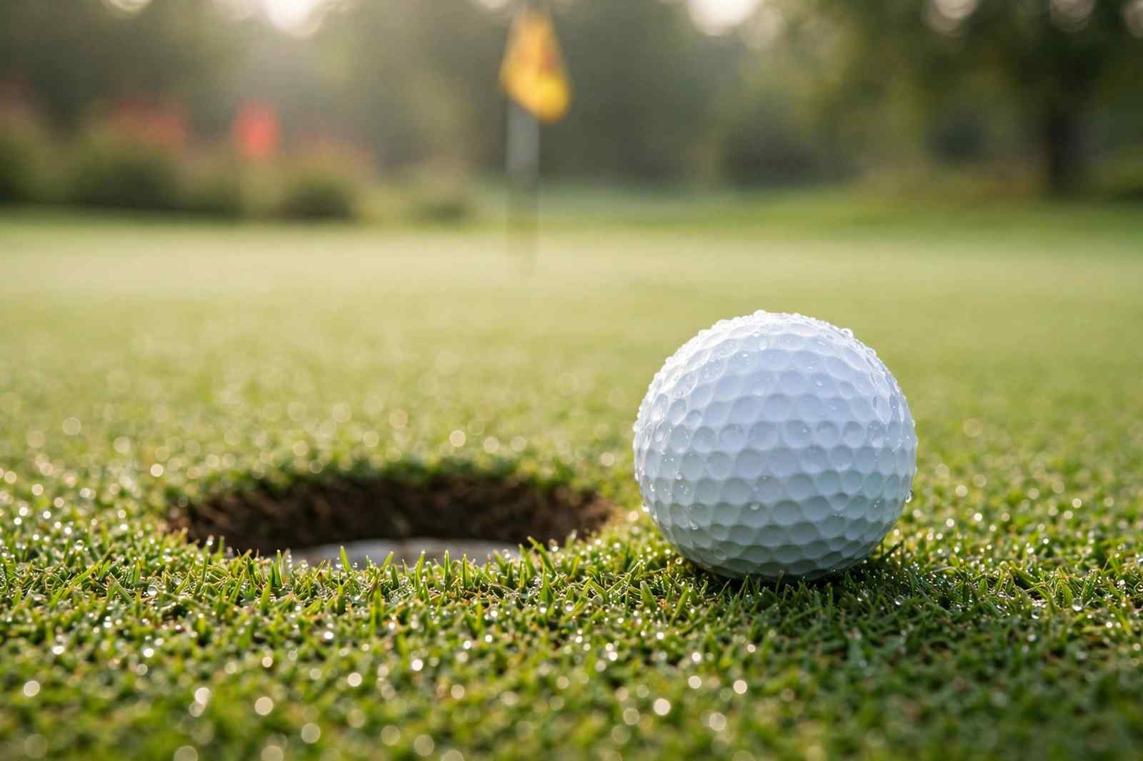 Golf ball sitting inches from the hole on the green, about to drop for birdie