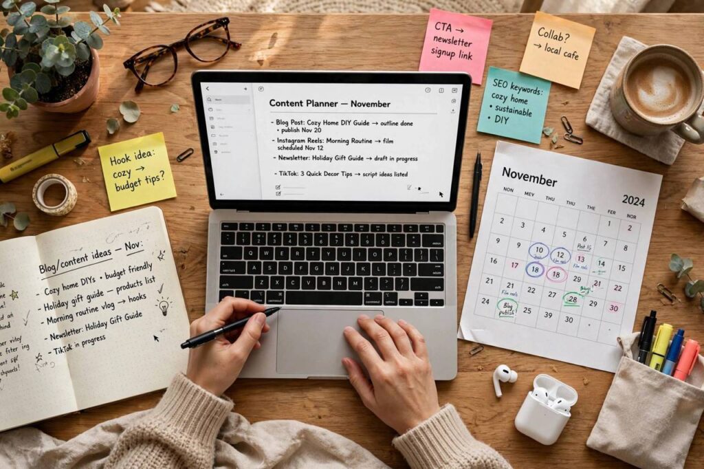 Overhead view of a blogger planning content with a laptop, colorful sticky notes and a paper calendar