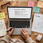 Overhead view of a blogger planning content with a laptop, colorful sticky notes and a paper calendar