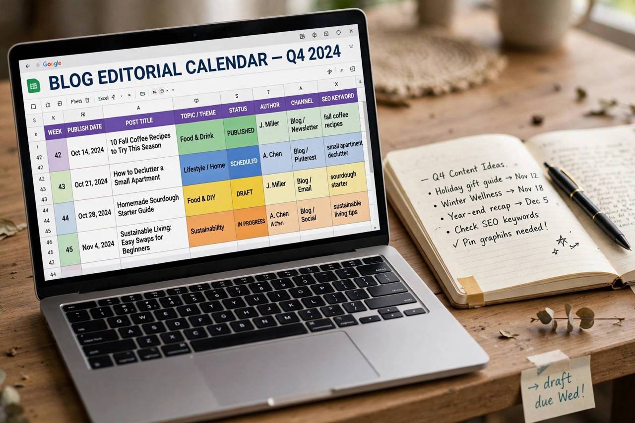 Laptop showing a colorful blog editorial calendar spreadsheet with a notebook and pen beside it