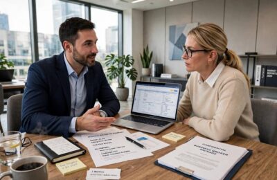 A business broker consulting with a client in an office