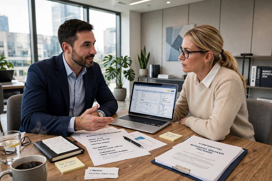 A business broker consulting with a client in an office