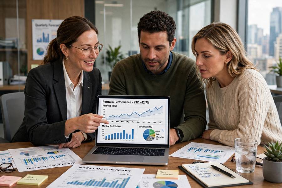 A broker presenting financial charts to potential buyers