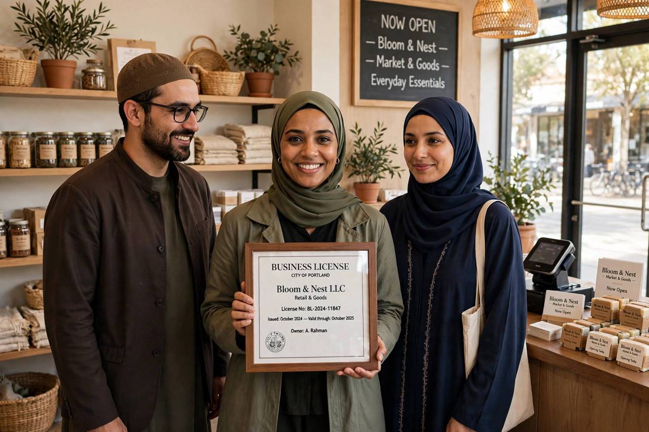Entrepreneur holding a framed business license in a newly opened storefront