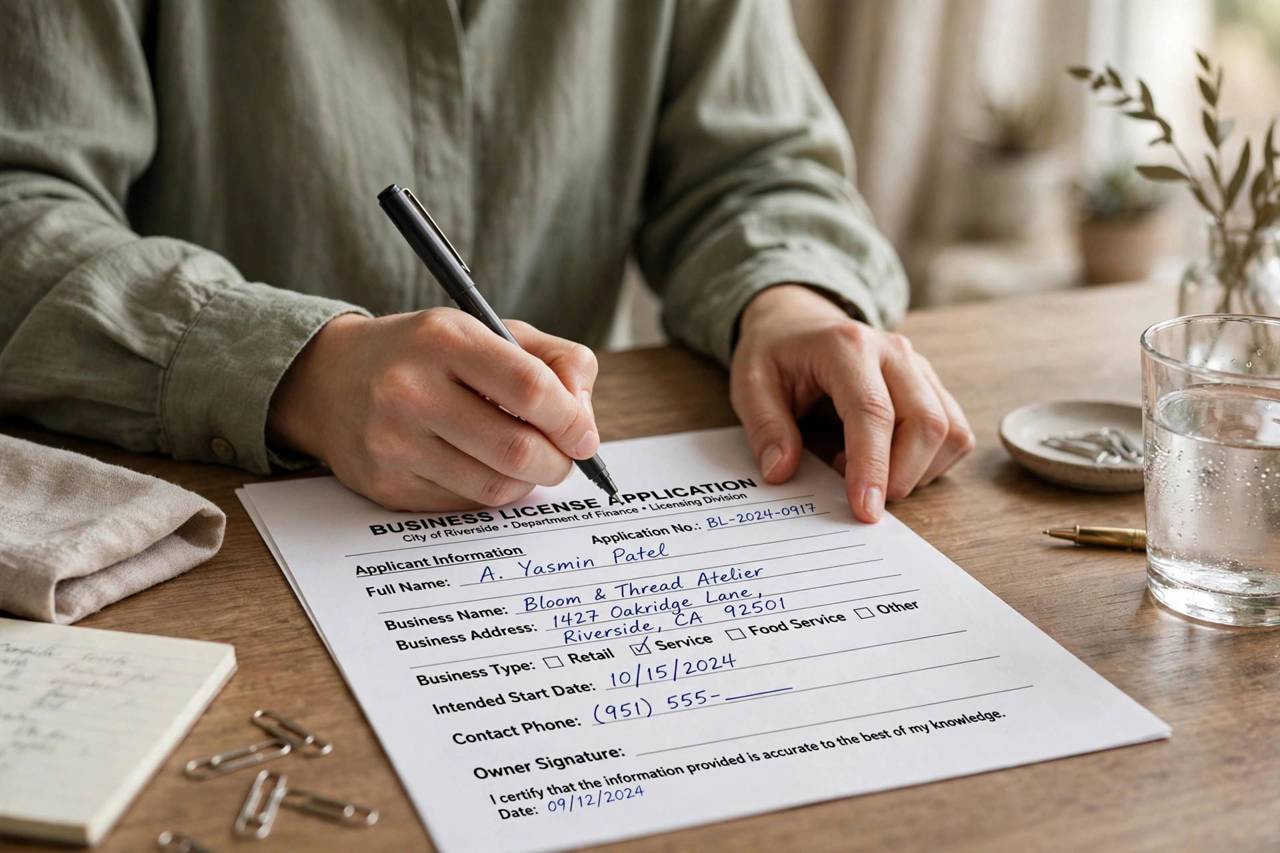 Close-up of hands filling out a business license application form at a desk