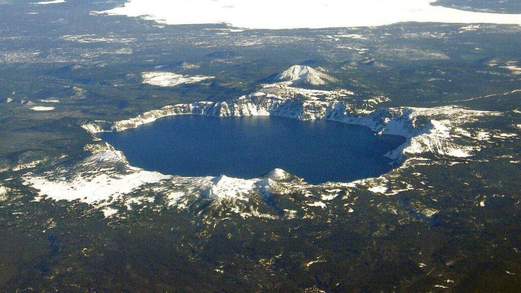 Crater Lake in Oregon fills the caldera left when Mount Mazama collapsed thousands of years ago