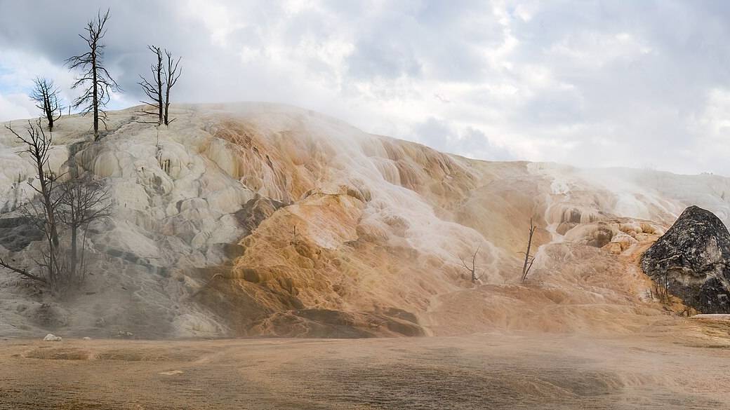 Steaming travertine terraces at Mammoth Hot Springs, part of Yellowstone's volcanic hot-spring system