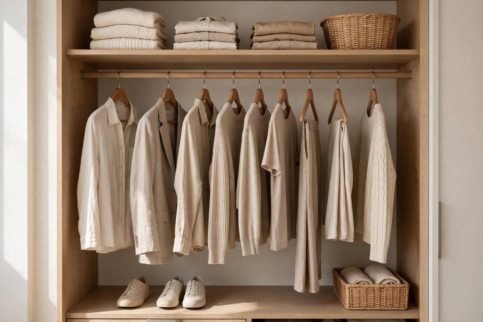 Minimalist closet with coordinated neutral clothing on wooden hangers