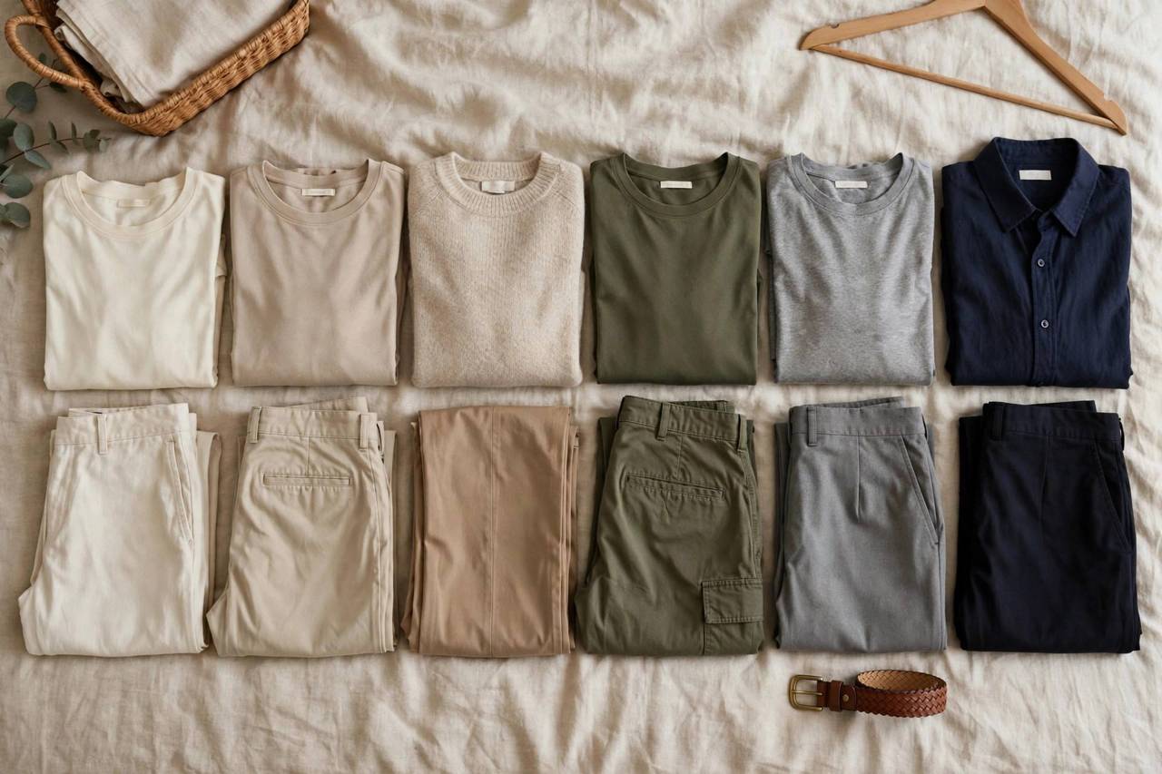 Neatly folded neutral tops and trousers arranged by color on a bed