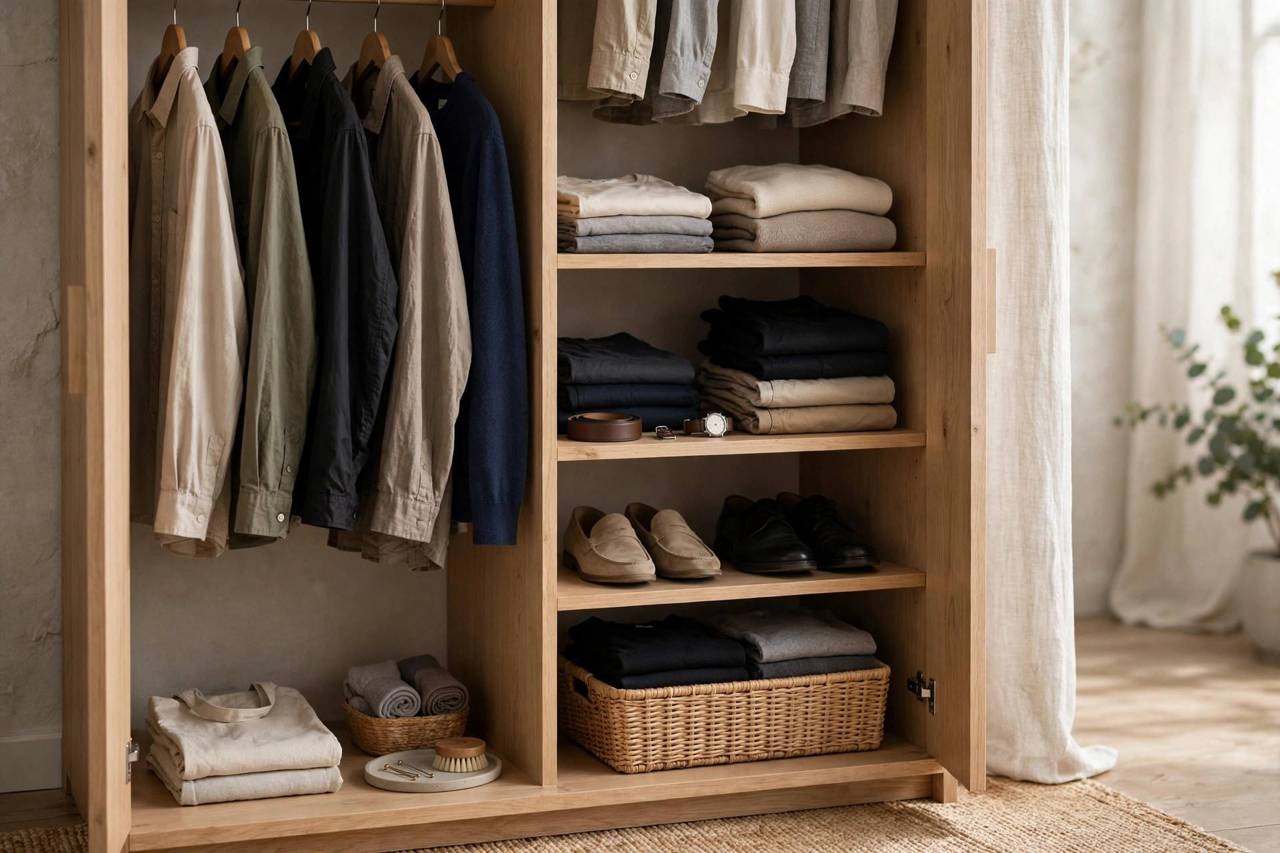 Minimalist mens wardrobe with coordinated neutral clothing