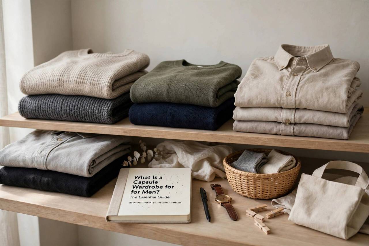 Folded mens shirts and sweaters in neutral tones on a shelf
