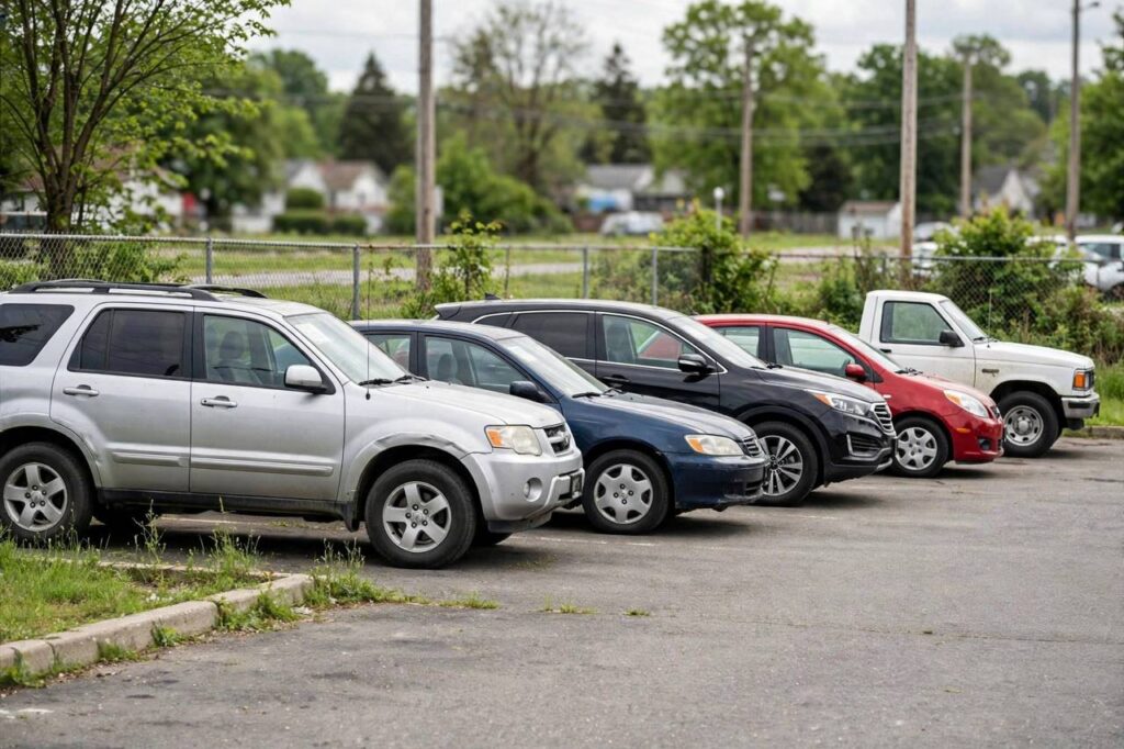 Row of used cars for sale at an outdoor dealership lot