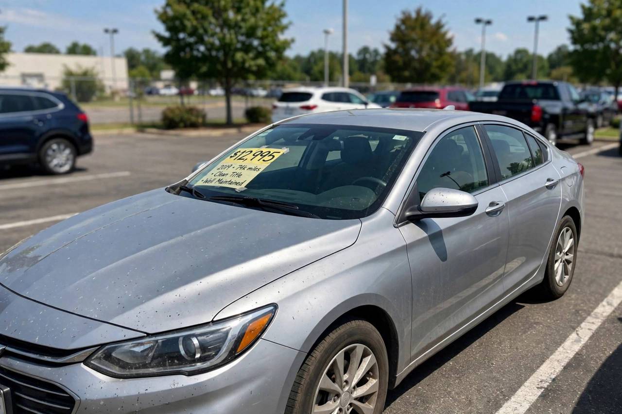 Used car on a dealership lot with price sticker on windshield