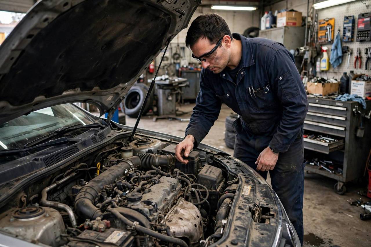 Mechanic inspecting a used car engine in an auto repair shop