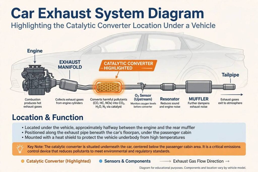 Car exhaust system diagram highlighting the catalytic converter location under a vehicle