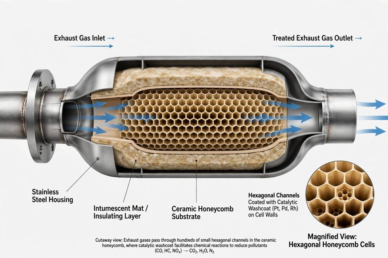 Cutaway view of a catalytic converter showing the honeycomb structure inside