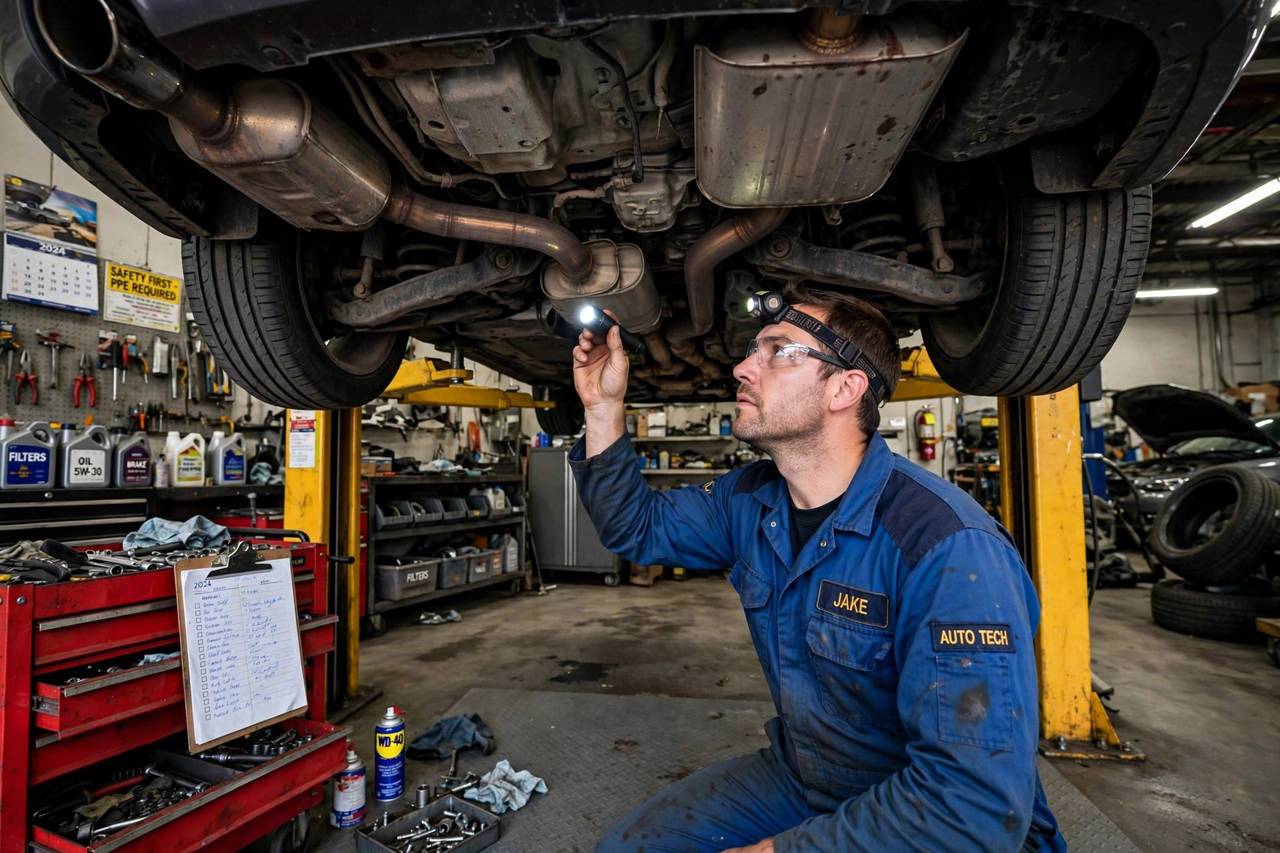 Mechanic inspecting a car exhaust system on a lift in an auto repair shop
