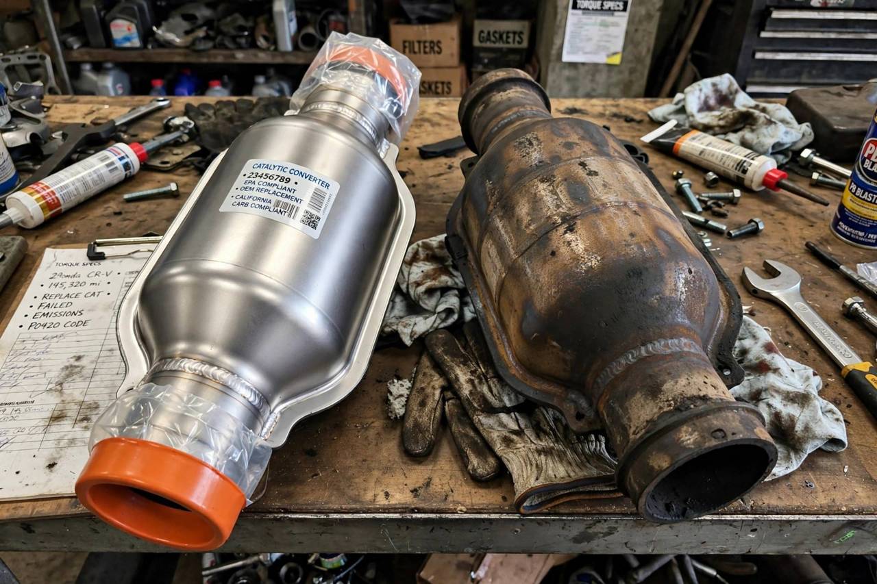 New catalytic converter part next to an old removed one on a workbench