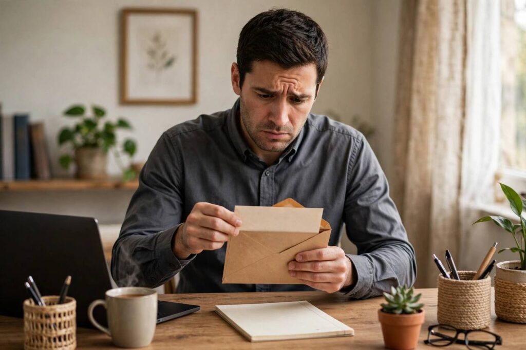 Person opening an official-looking letter at a home office desk with a concerned expression