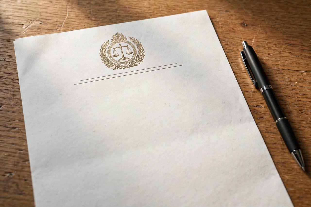 Close-up of a cease and desist letter on legal letterhead next to a pen on a wooden desk