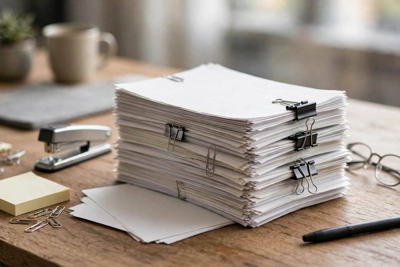 Stack of legal claim forms and settlement documents on an office desk