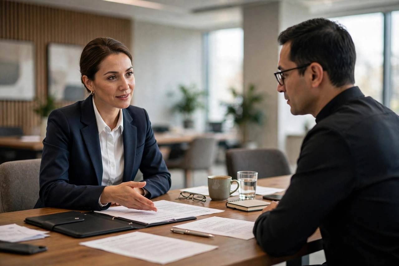 Lawyer explaining documents to a client across a conference table