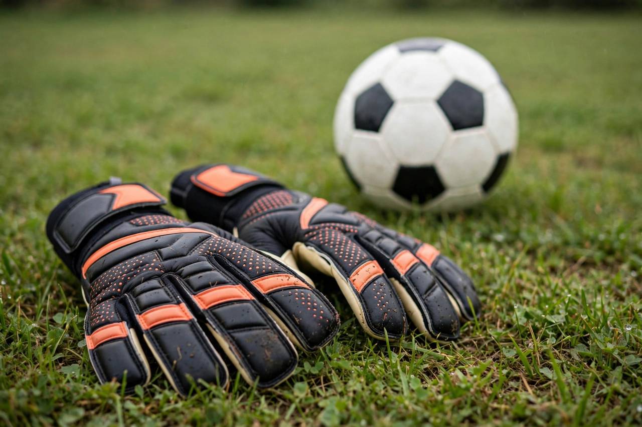 Goalkeeper gloves on grass in front of a soccer ball, no people