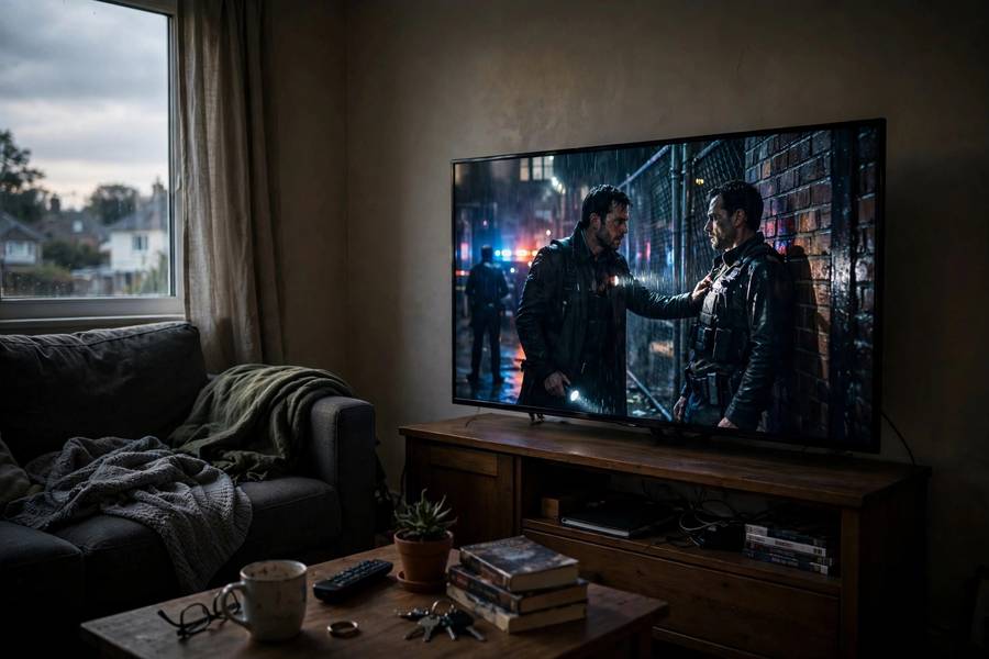 A TV showing an intense cold open scene from a crime drama