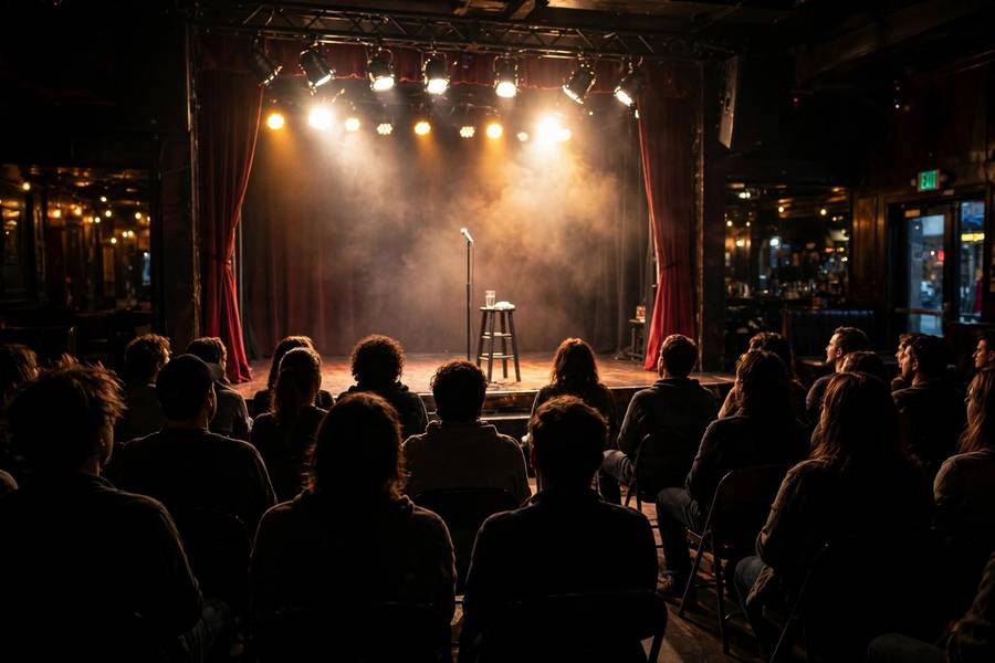 A comedy show stage as the cold open begins