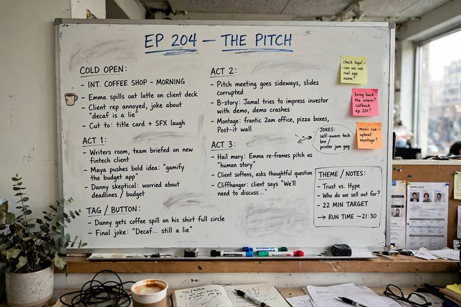 A writer's room whiteboard planning a cold open