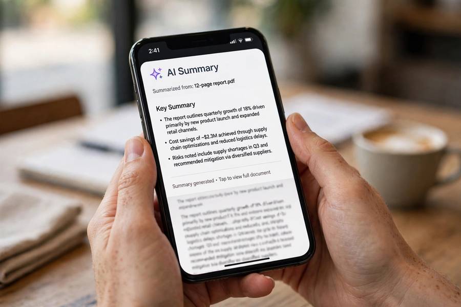 An AI app summarizing a long document on a smartphone