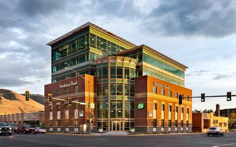 The facade of a modern bank building