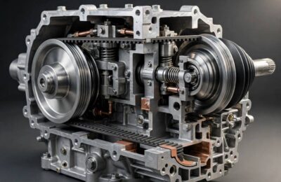 Cutaway of a CVT transmission showing belt and pulleys, illustrating what is a CVT transmission