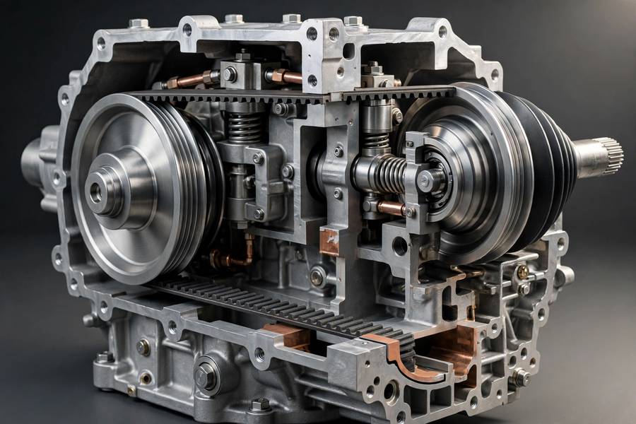 Cutaway of a CVT transmission showing belt and pulleys, illustrating what is a CVT transmission