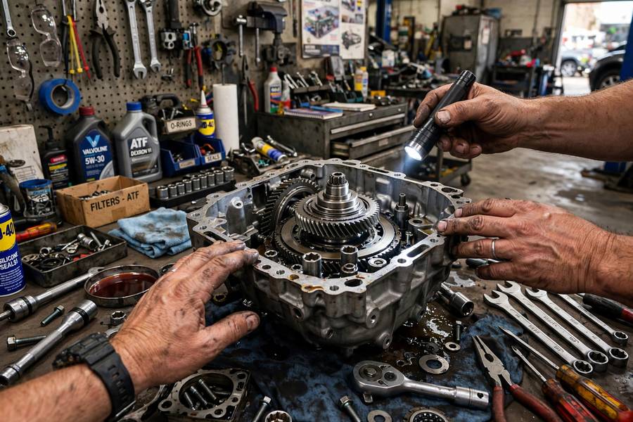 Mechanic inspecting a transmission, relevant to understanding what is a CVT transmission