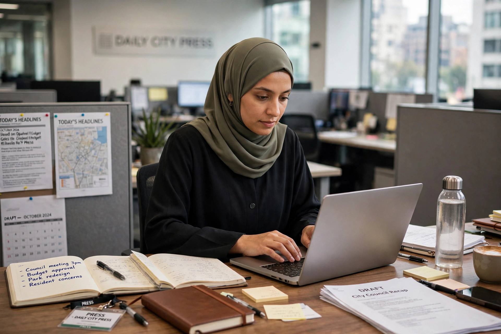 A reporter typing a news story on a laptop in a city newsroom with notebooks nearby