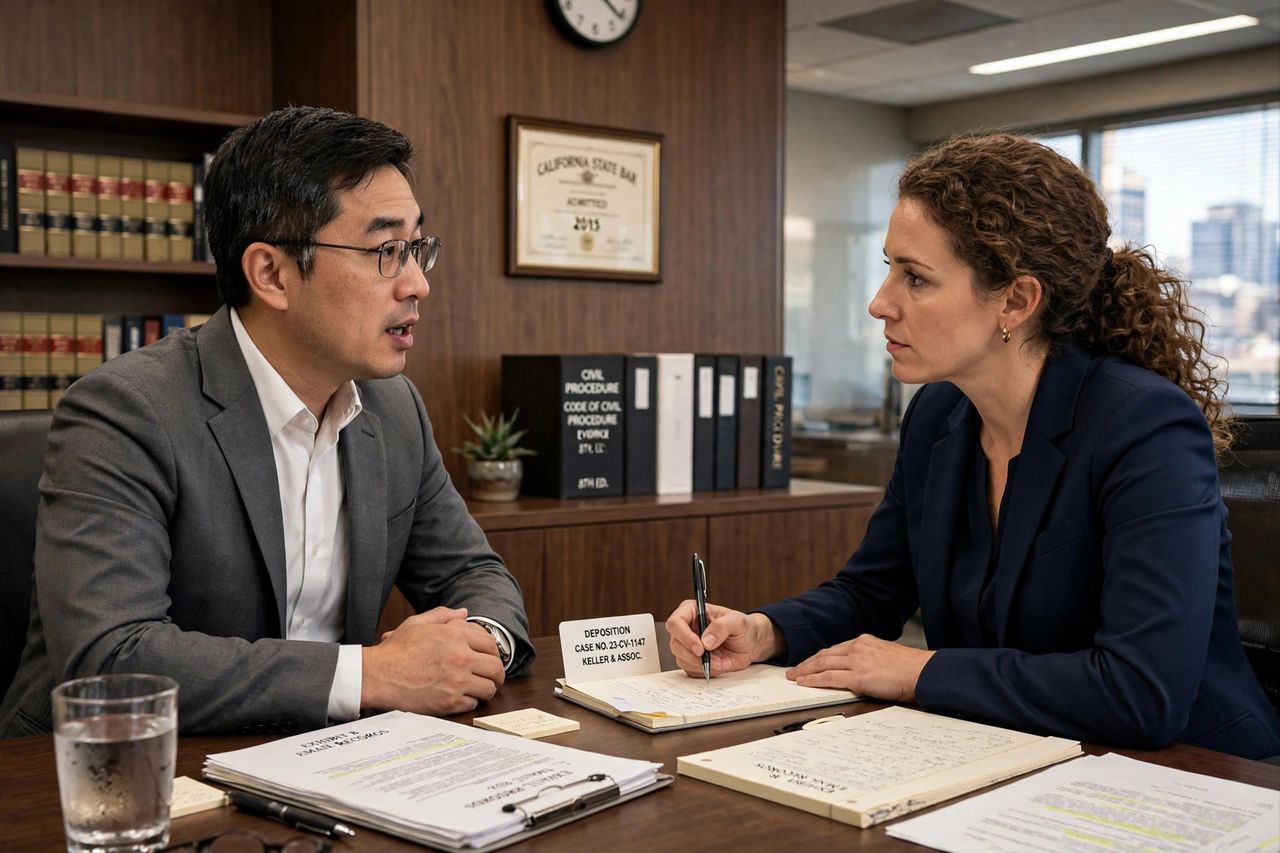 Witness answering questions across a conference table