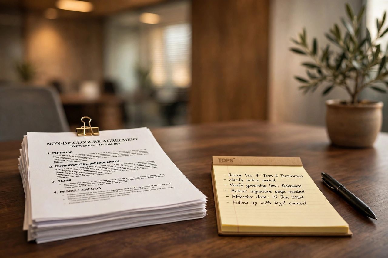 Legal documents and notepad on a deposition table