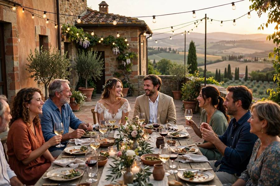 Dinner reception at a Tuscan villa — what is a destination wedding in Europe looks like in practice