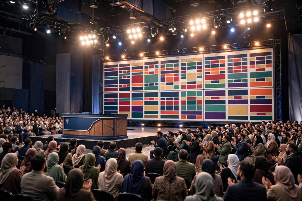 Sports draft stage with team podium and large draft board showing pick order