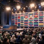 Sports draft stage with team podium and large draft board showing pick order
