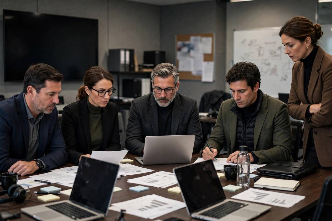 General manager and scouts studying player reports in a draft war room