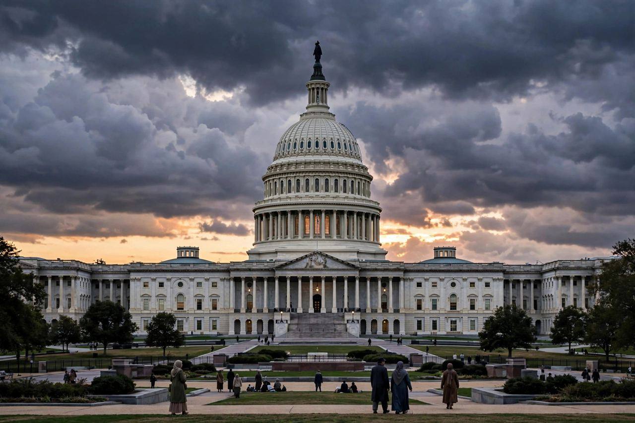 The United States Capitol building at dusk with dramatic clouds